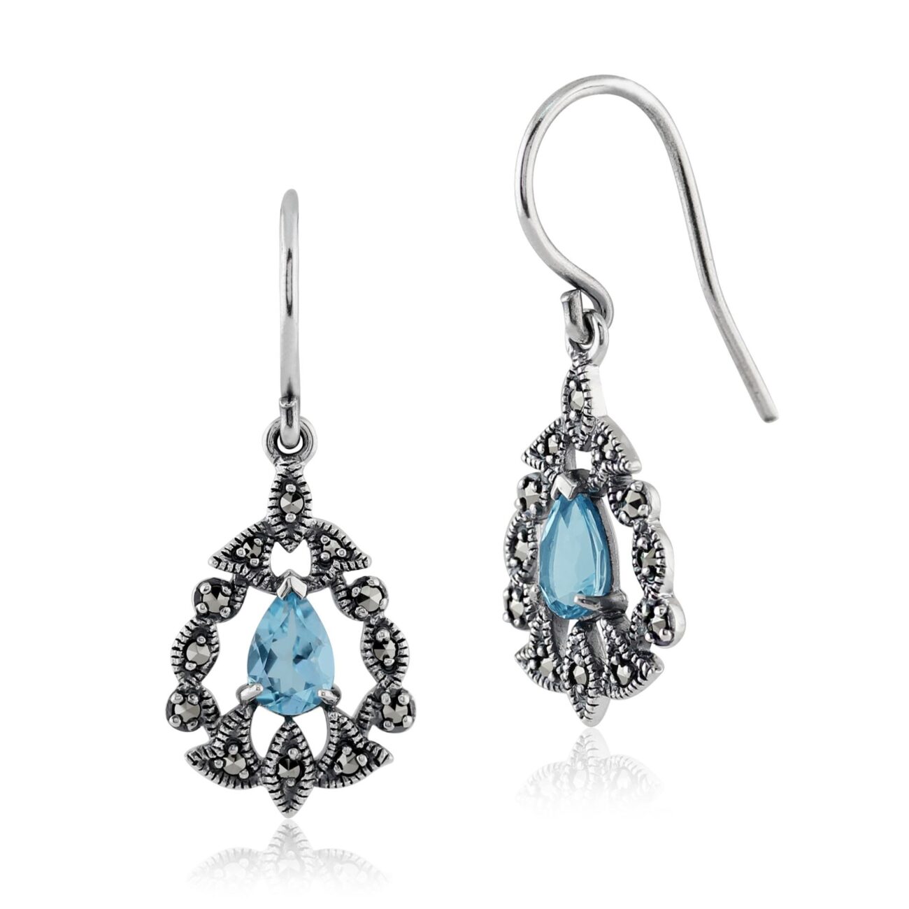 Sterling Silver 0.93ct Blue Topaz & 0.24ct Marcasite Victorian Drop Earrings steampunk buy now online