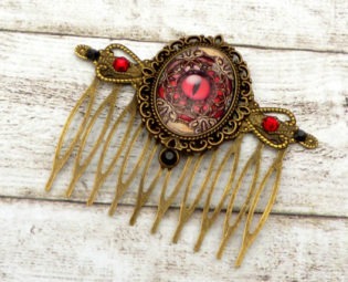 Steampunk hair comb with dragons eye in red bronze brown, Fantasy Hair Jewelry, Middle Ages, LARP, rhinestone hair comb, gift for her, by Schmucktruhe steampunk buy now online