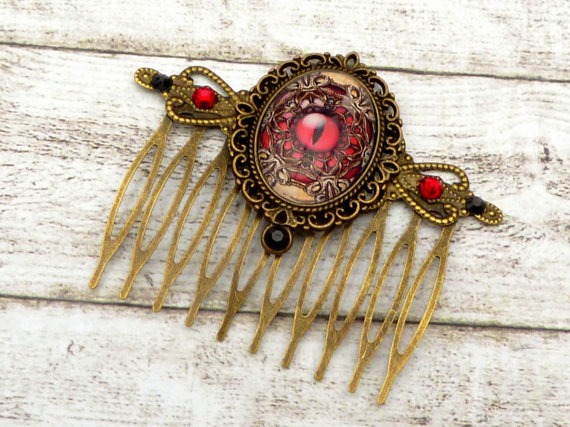 Steampunk hair comb with dragons eye in red bronze brown, Fantasy Hair Jewelry, Middle Ages, LARP, rhinestone hair comb, gift for her, by Schmucktruhe steampunk buy now online