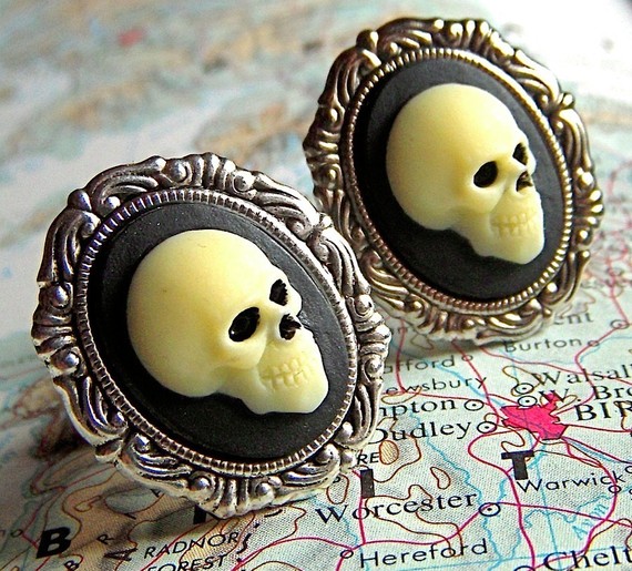 Gothic Skull Cufflinks Silver Plated Cameo Oval Frames - Victorian Noir Steampunk Cuff Links by CosmicFirefly steampunk buy now online