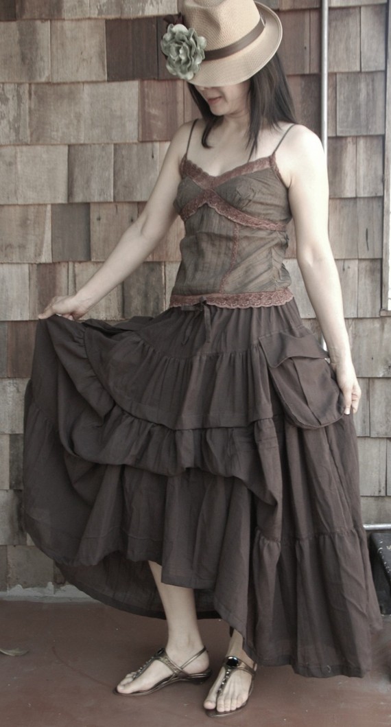 2 In 1 Take Me to Your Heart...Steampunk Short Front/ Long back Tiered Dark Brown Skirt With 2 Roomy Pockets by beyondclothing steampunk buy now online