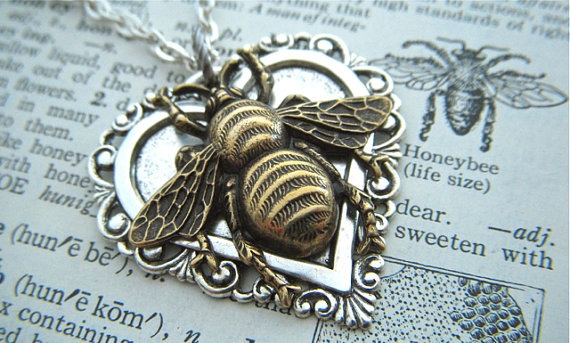 Bee Necklace Heart Necklace Gothic Victorian Mixed Metals Lightweight Pendant Feminine Vintage Inspired Steampunk Style Jewelry by CosmicFirefly steampunk buy now online