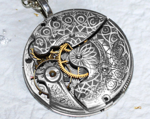 Steampunk Necklace: Spectacular 113 Yrs Old Antique Pocket Watch Movement Silver GUILLOCHE ETCHED Men Steampunk Necklace Wedding Gift by TimeInFantasy steampunk buy now online