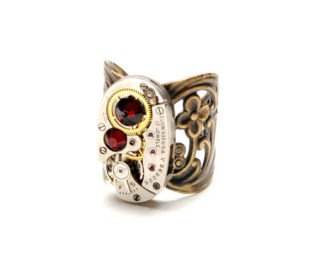 JANUARY GARNET RED Steampunk Ring, Steampunk Vintage Watch Ring, Antique Brass Ring, Steam Punk, Steampunk Jewelry By Victorian Curiosities by VictorianCuriosities steampunk buy now online