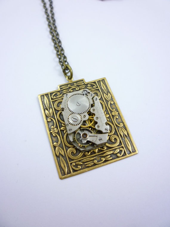 SteamPunk Necklace with Waltham Watch Movement on Bold Rectangular Pendant by VictorianFolly by VictorianFolly steampunk buy now online