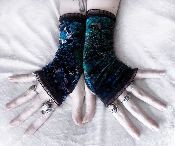 Amsonia Velvet Fingerless Gloves - Black Teal Blue Silver Olive Floral Organza Lace - Gothic Lolita Dark Vampire Victorian Goth Gypsy Earth by ZenAndCoffee steampunk buy now online