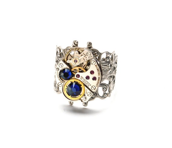 SEPTEMBER Steampunk Ring, SAPPHIRE Steampunk Jewelry, Vintage Watch Ring, Sapphire Blue Silver Ring Steam Punk Jewelry Victorian Curiosities by VictorianCuriosities steampunk buy now online