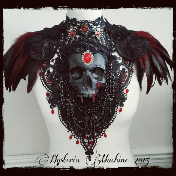 Vampire Coutessa Catacomb Couture Feather and Skull Shoulder Piece by HysteriaMachine steampunk buy now online