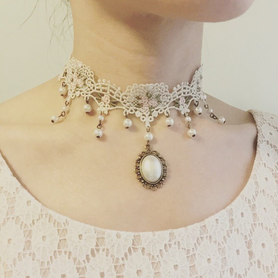 Sweetheart Victorian Pink Roses Ivory Lace Choker with Pearls, wedding choker, woodland by FairybyFoxie steampunk buy now online