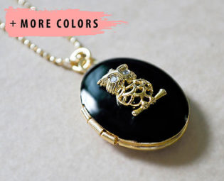 Gold Owl Locket - Black Enamel Charm Necklace by TheBloomingThread steampunk buy now online
