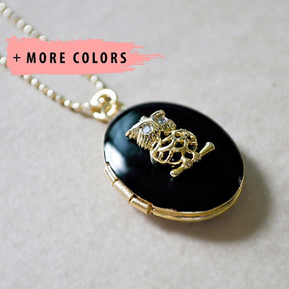 Gold Owl Locket - Black Enamel Charm Necklace by TheBloomingThread steampunk buy now online