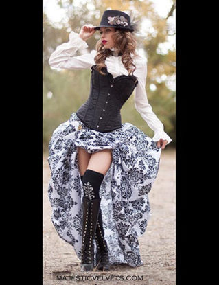 Black Satin Corset with Damask Bustle Skirt by MajesticVelvets steampunk buy now online