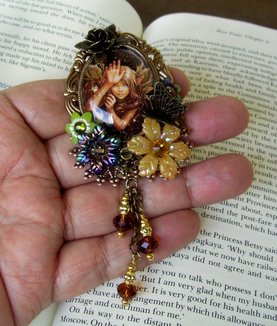 Fairy Brooch (P621) Woodland Fairy Image Under Glass Cameo, Acrylic Florals, Swarovski Crystals, Brass Tray, Crystal Dangles by DesignsByFriston steampunk buy now online