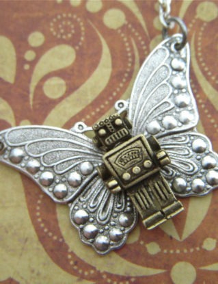Butterfly Robot Necklace Flying Silver Wings Introducing The ROBOTTERFLY Original Design By Cosmic Firefly by CosmicFirefly steampunk buy now online