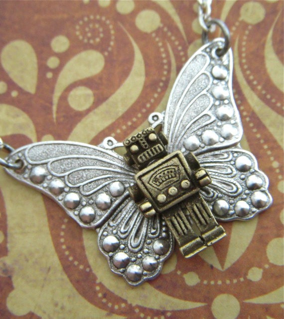 Butterfly Robot Necklace Flying Silver Wings Introducing The ROBOTTERFLY Original Design By Cosmic Firefly by CosmicFirefly steampunk buy now online