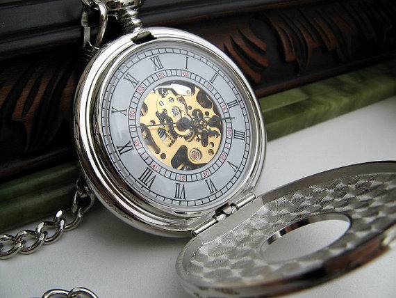 Pocket Watch, Silver Engraved Mechanical Watch, 15 inch Watch Chain, Groomsmen Gift, Men's Watch, Steampunk, Watch - Item MPW155 by ArtInspiredGifts steampunk buy now online