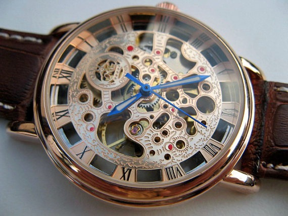 Rose Gold Mechanical Wrist Watch with Brown Leather Wristband - White Stitch - Men - Unisex - Steampunk - Groomsmen - Watch - Item MWA130 by ArtInspiredGifts steampunk buy now online