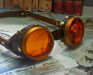 Steampunk Goggles Brass and Leather - The Commander with Orange Lenses by Discombobulous steampunk buy now online