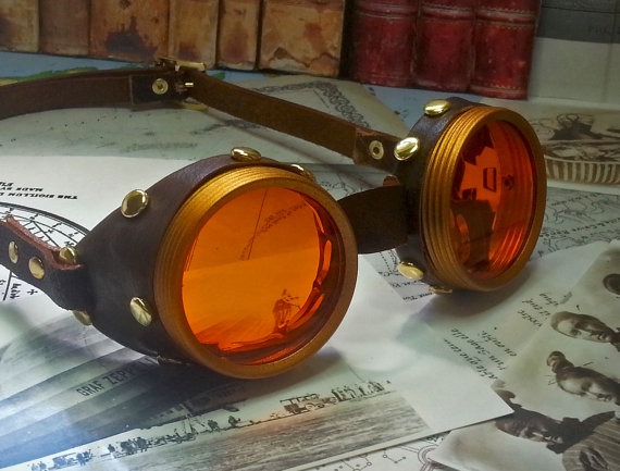 Steampunk Goggles Brass and Leather - The Commander with Orange Lenses by Discombobulous steampunk buy now online