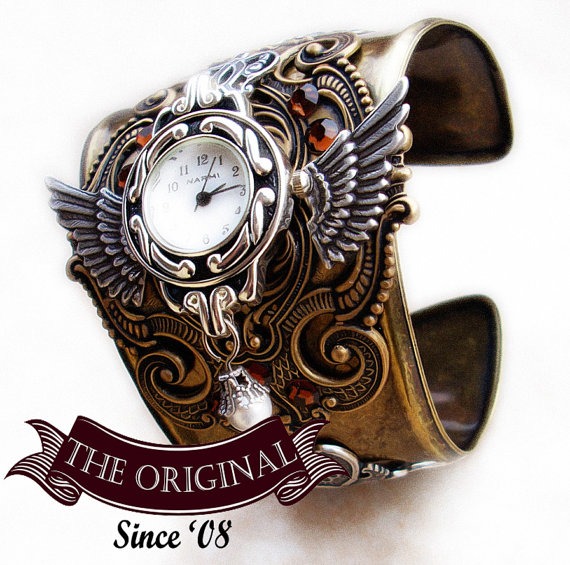 Steampunk Watch Cuff Brass Silver Winged Mens Womens Steam punk Jewelry steampunk wrist watch steampunk jewelry boyfriend girlfriend gift by Aranwen steampunk buy now online