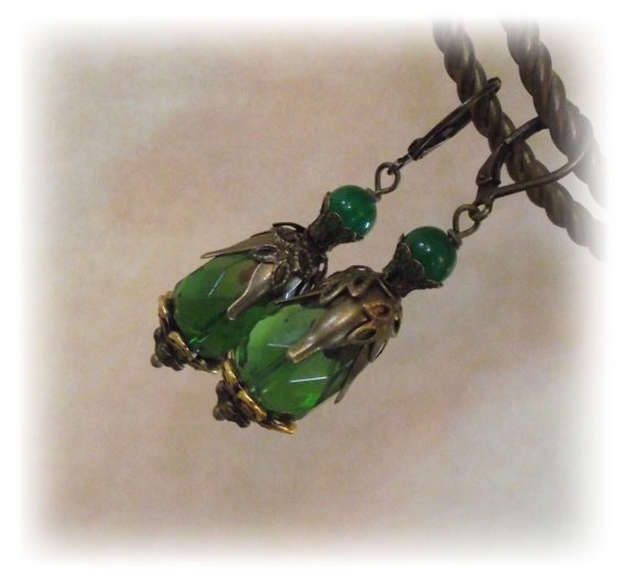 Victorian Cut Glass Emerald Filigree Drop Earrings Steampunk by BrighidsJewellery steampunk buy now online