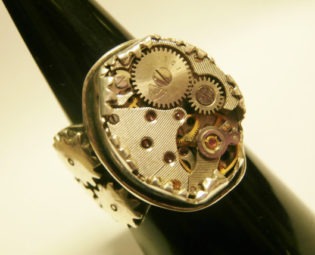 Steampunk watch mechanism ring. Moving cogs on side. Sterling silver. by SuloJewellery steampunk buy now online