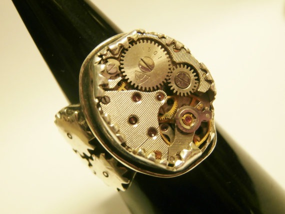 Steampunk watch mechanism ring. Moving cogs on side. Sterling silver. by SuloJewellery steampunk buy now online