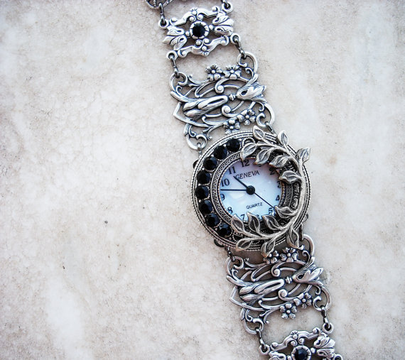 Silver watch bracelet filigree ladies wrist watch bracelet Gothic Black Swarovski Jewelry unique women watches silver floral watch by Aranwen steampunk buy now online