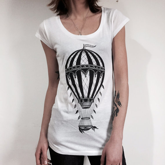 hot air BALLOON t-shirt, vintage balloon shirt, steampunk t-shirt, womens tshirt, traditional tattoo print, vintage balloon print womans tee by hardtimesdesign steampunk buy now online