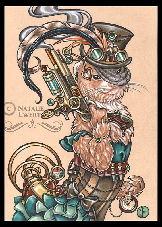 Clara Steam Punk Ferret Signed Art Print-You Choose-2.5x3.5, 5x7 or 8x10 In.,Bounty Hunter Pocket Watch Pistol Gun Victorian Woman Hat by natamon steampunk buy now online