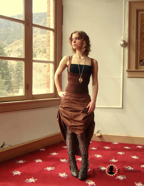 Brown bustled Steampunk dress with pockets by FoggCouture steampunk buy now online