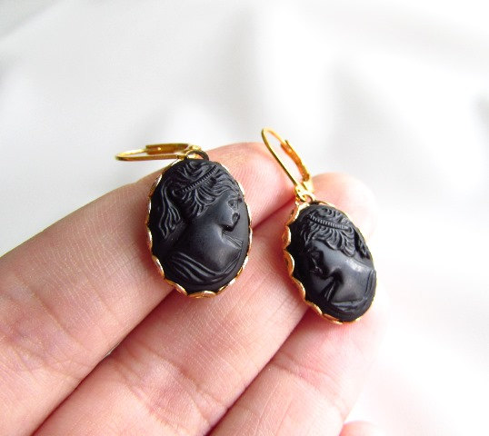 Black Cameo Earrings, Vintage Cameo Earring, Victorian Cameo Earring, Mourning Earring, Black Glass Cameo Victorian Earring Mourning Jewelry by damesalamode steampunk buy now online