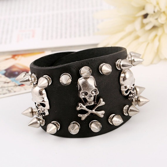 steampunk leather bracelet with a skulls and spikes / gothic punk jewelry / heavy metall / rock / goth / Halloween / Apocalyptic /mad by steampunkcyber steampunk buy now online