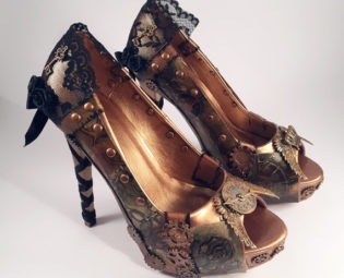Steampunk Copper Black Lace Custom Heels, Hand Painted Shoes by RainbowFairyShoes steampunk buy now online
