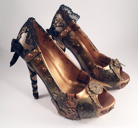 Steampunk Copper Black Lace Custom Heels, Hand Painted Shoes by RainbowFairyShoes steampunk buy now online