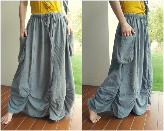 PLUS SIZE SKIRT...Bring Me To The Moon - Steampunk Maxi Flare Dusty Airforce Blue Crinkle Cotton Skirt With Ruching Detail Around Bottom Hem by beyondclothing steampunk buy now online