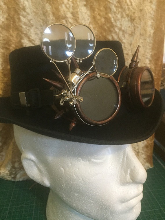 Steampunk Fedora Style Hat and Cyber Punk With Copper Effect Spikey Goggles With Eye Loupes by Steampunkbyben steampunk buy now online