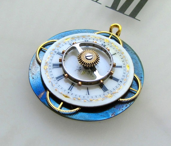 Steampunkology Antique Gears & Porcelain Dial Necklace Pendant, Vtg Pocket Watch Parts, Steampunk Compass Rose, The Captain's Wheel, N-S-E-W by Steampunkology steampunk buy now online
