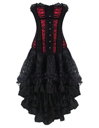 Burvogue Women’s Gothic Boned Lace Corsets and Bustiers Dress with Skirt (Medium, Red 1) steampunk buy now online