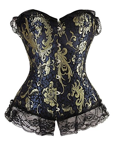 Beauty-You Women's Overbust Boned Corset Bustier Floral Lace Trim Top Plus Size (6XL/UK 22-24, Blue) steampunk buy now online