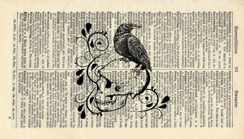 RAVEN ON A SKULL Art Print - Vintage Dictionary Art Print - Halloween - Gothic - Steampunk - Illustration - Wall Art - Wall Hanging - Book Print - Home Décor - Housewares - Mixed Media Original - 360B steampunk buy now online