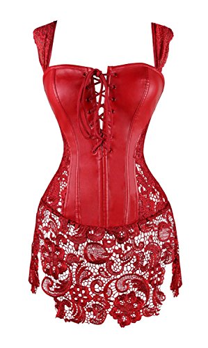 Kiwi-Rata Lady Faux Leather Lace Up Front Zipper Back Corset Goth Bustier (4XL/UK 18-20, Red) steampunk buy now online