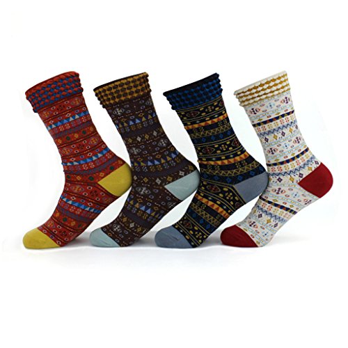 Waymoda 4 Pairs Victorian Ankle Crew Socks, Classic Vintage Fairisle Pattern Assorted Colours Knitted Jacquard Calf Ribbed cuffs Cotton Stocking, Unisex Adults Women/Men /Boys/Girls UK 2-7/EUR 34-40 steampunk buy now online