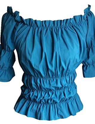 Blue Turquoise Gothic Peasant Gypsy Medieval Pirate Off Shoulder Wench Buccaneer Teal Top Shirt Blouse (10 (L/XL)) steampunk buy now online