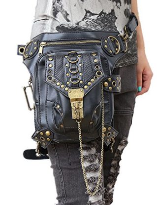FOR U DESIGNS 3-In-1 Unisex Vintage PU Leather Rock Gothic Studded Steampunk Punk Handbag Waist Pack Shoulder Bag Leg Bag(Black) steampunk buy now online