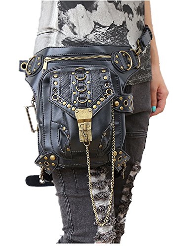 FOR U DESIGNS 3-In-1 Unisex Vintage PU Leather Rock Gothic Studded Steampunk Punk Handbag Waist Pack Shoulder Bag Leg Bag(Black) steampunk buy now online