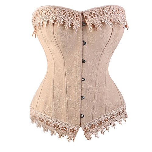 Kiwi-Rata Women's Floral Pleated Trim Bustier Corset Sexy Laced Lingerie (5XL/UK 20-22, Victorian Beige) steampunk buy now online