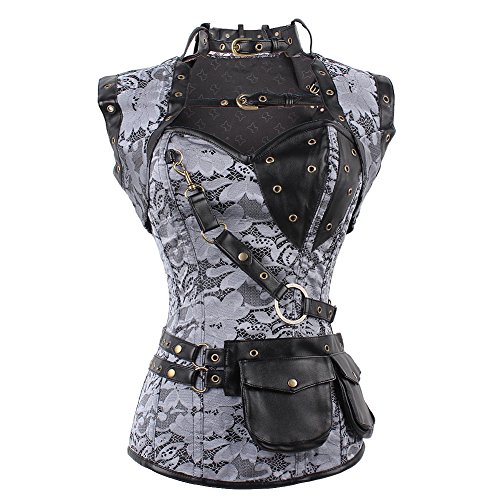 FeelinGirl Women's Cool Warrior Design Steel Boned Brocade Vintage Steampunk Bustiers Corsets Costumes Size XXL Sliver steampunk buy now online