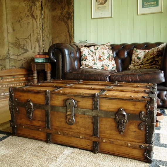 ANTIQUE Banded STEAMER TRUNK Victorian Travel Trunk Coffee Table Rustic Pine Chest Vintage Storage Trunk Blanket Box by VintageTrunksChests steampunk buy now online