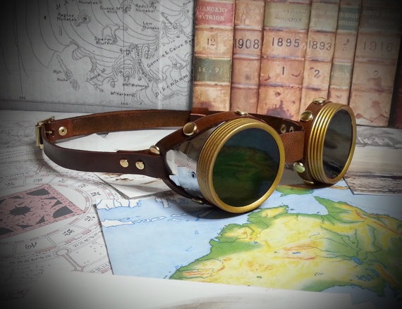 Steampunk Goggles Brass, Silver & Brown Leather - The Pilot , Dieselpunk, Adventurer, Time Traveller, Explorer, Airship, Kraken, Burning Man by Discombobulous steampunk buy now online